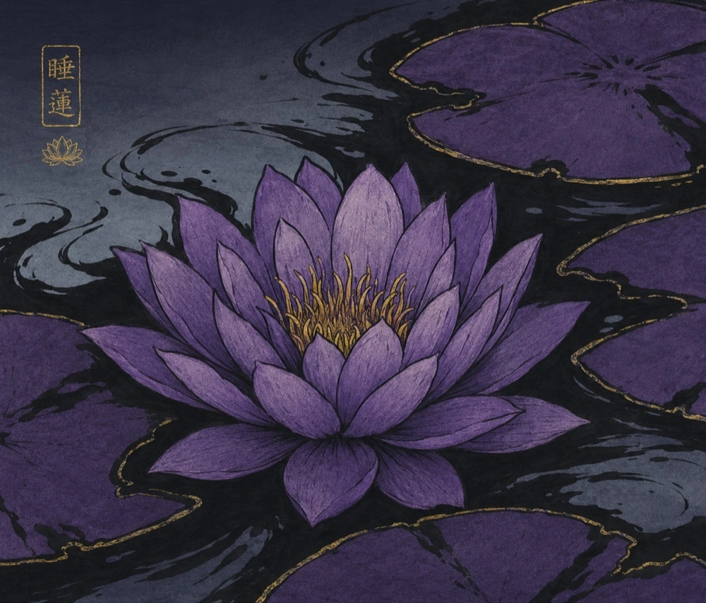Lily floating on a dark, ink-swept pond